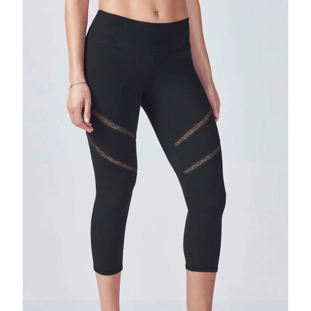 Fabletics Alessia Capri Compression Leggings in Black and Rose Gold Stripes, XS